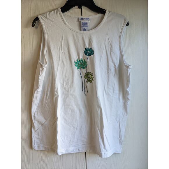Blair Women's White Sleeveless Green Floral Blended Fiber Tank Top Size L - Picture 1 of 4